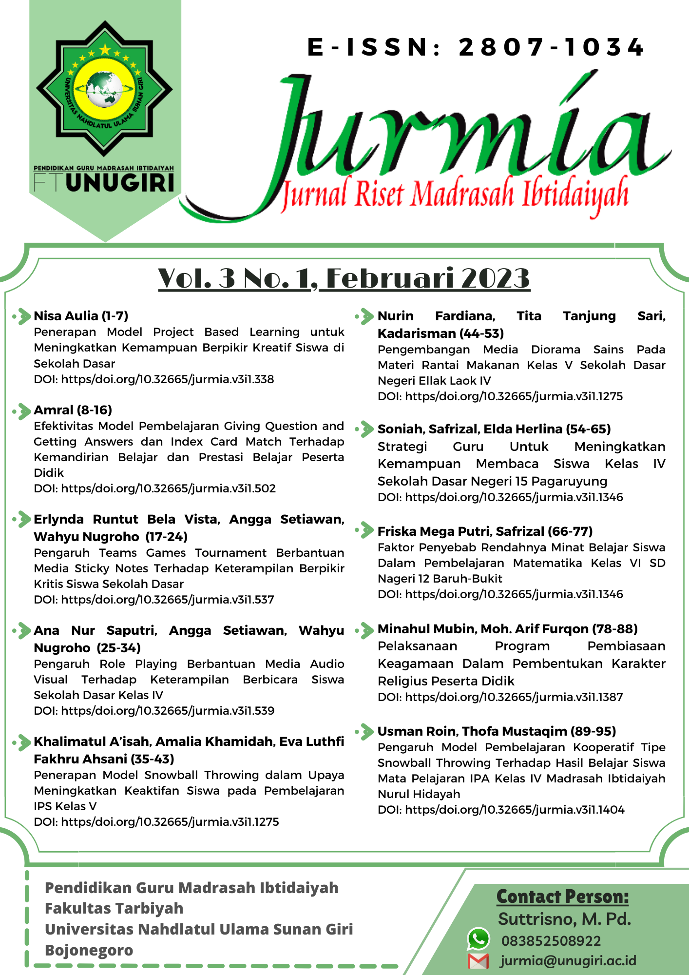 					View Vol. 3 No. 1 (2023): Jurnal Riset Madrasah Ibtidaiyah 
				