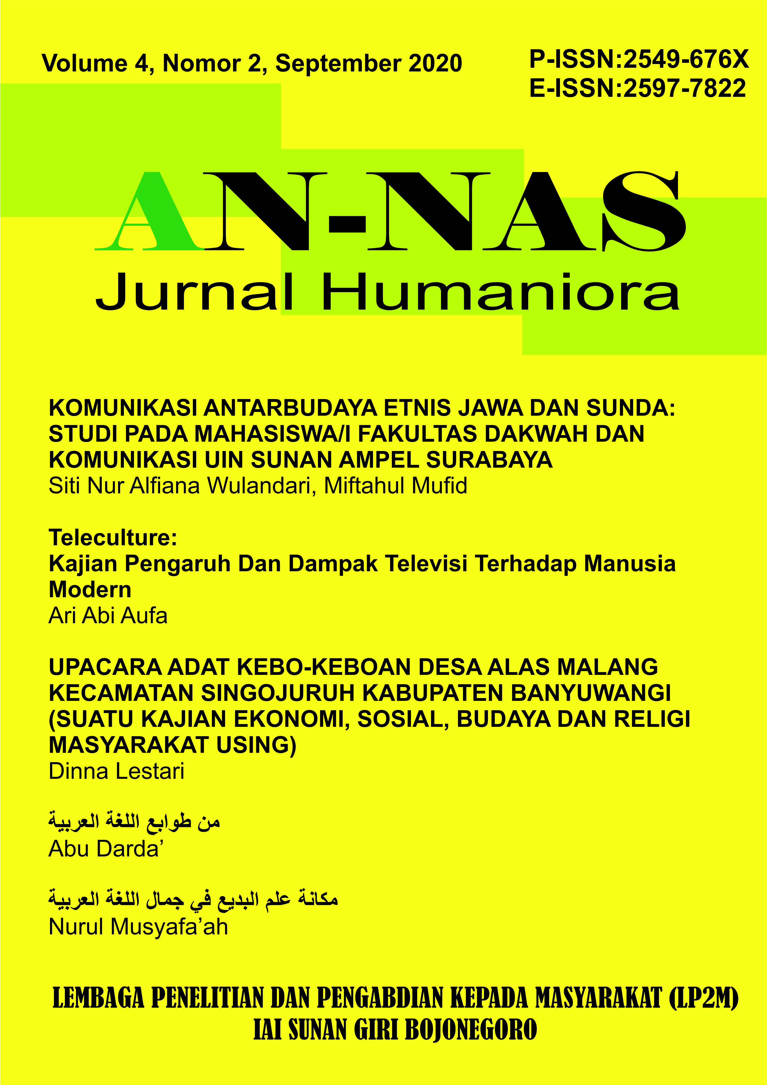 					View Vol. 4 No. 2 (2020): AN-NAS: Jurnal Humaniora`
				